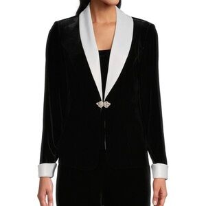 Alex Evenings Black Velvet Jacket with White Satin Shawl Collar. Jacket + top